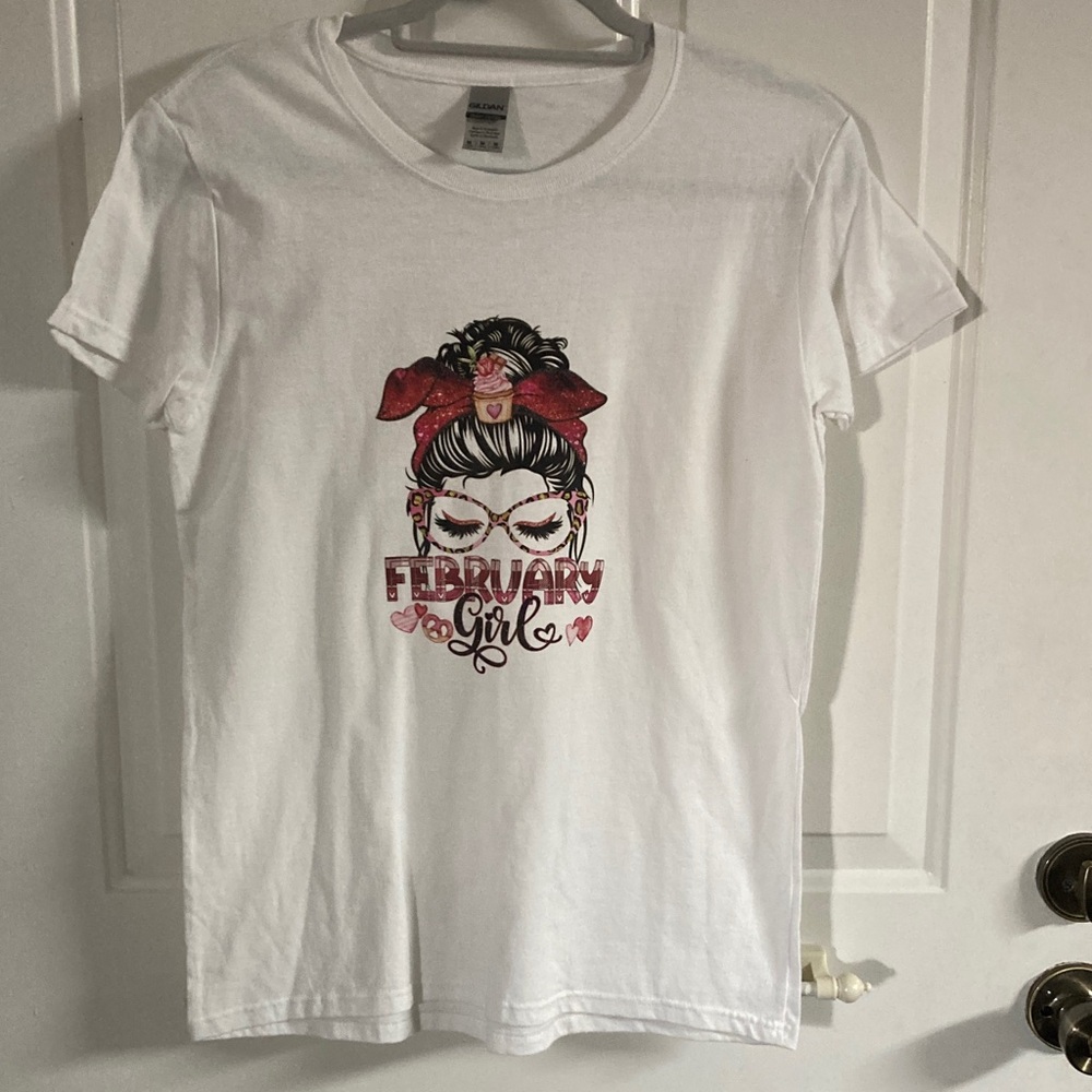Gildan White Tee with Red and Black "February Girl" Graphic